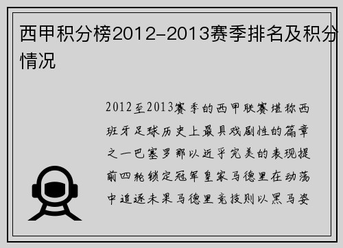 西甲积分榜2012-2013赛季排名及积分情况