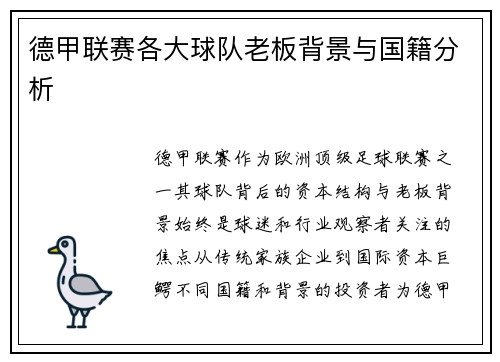 德甲联赛各大球队老板背景与国籍分析